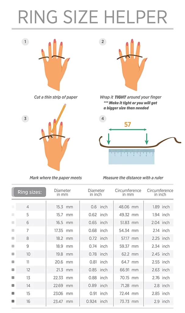 Measure the size of a ring and ring size chart