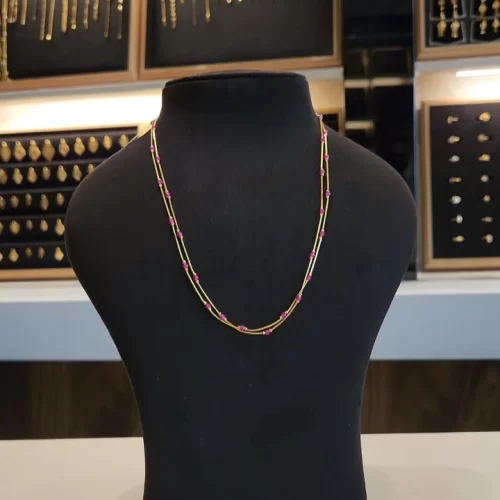Two Strand Gold Necklace with Garnet Beads
