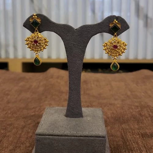Luxurious one sovereign Chettinad gold studs with green stones - MHJGS002